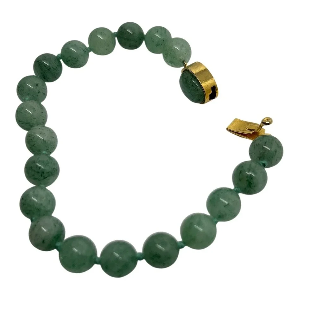 Green Aventurine‎ Beaded Bracelet Knotted Gold Tone Box Clasp 7.25 Inch Vintage